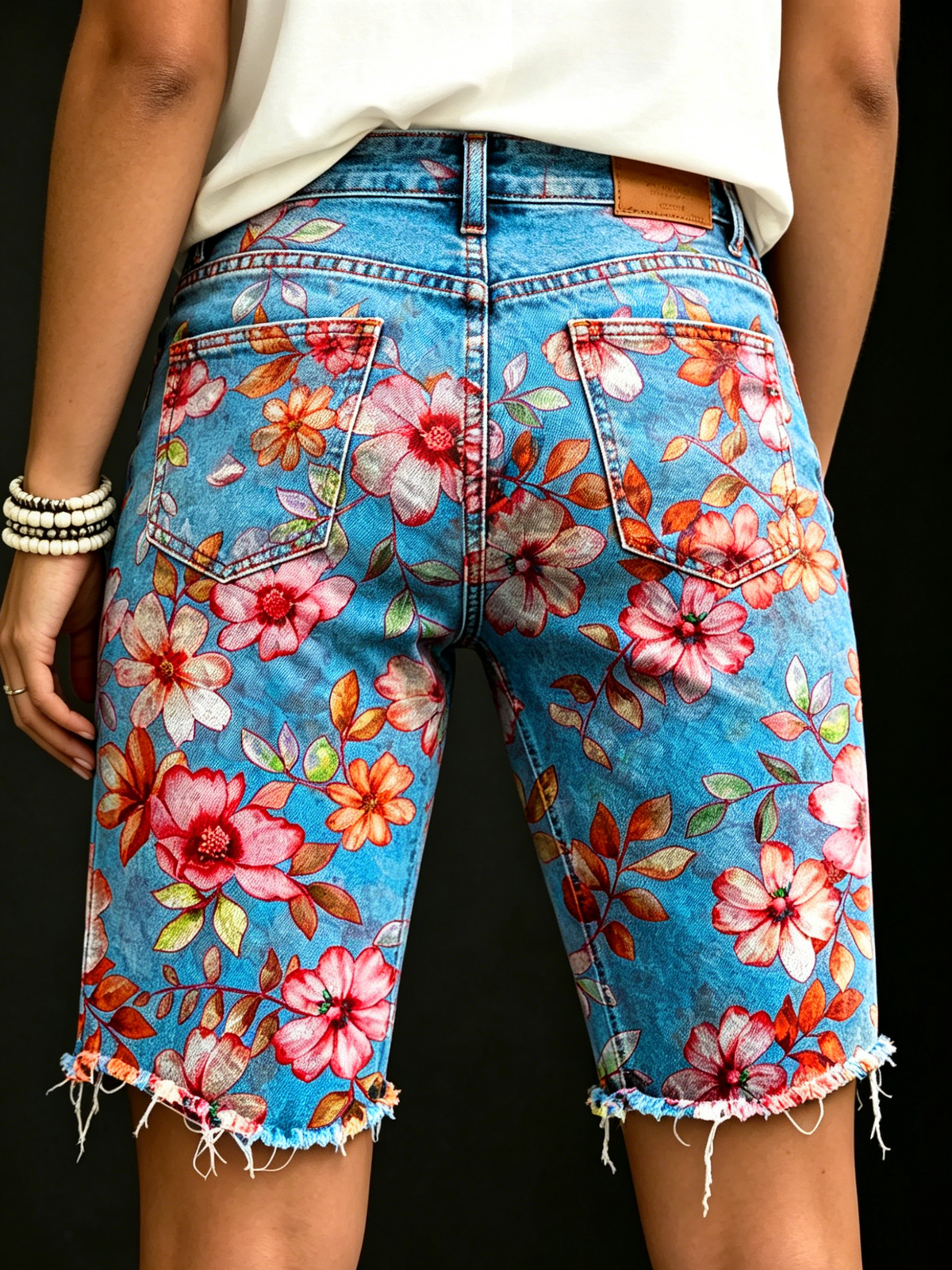 Women's Vintage Blue Floral Art Print Casual Denim Shorts