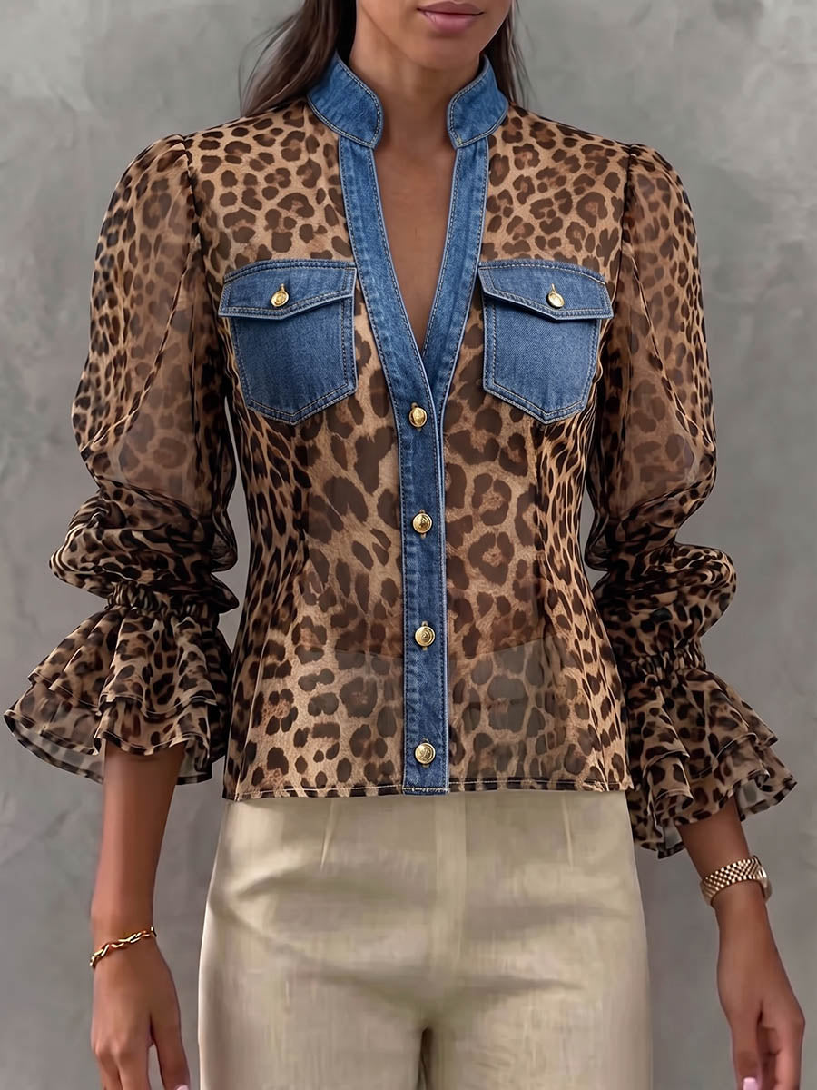 Women's Leopard Print V-neck Long-sleeve Casual Loose Denim Cardigan With Chiffon Panels