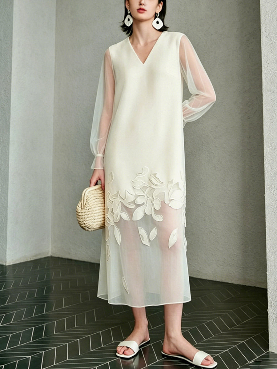 Women's Floral Pattern Art Casual Stylish Patchwork Sheer Long Sleeve Dress