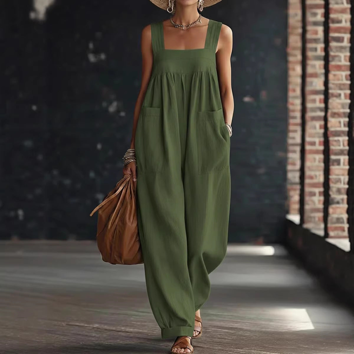 Women's Solid-color Pocketed Camisole Jumpsuit