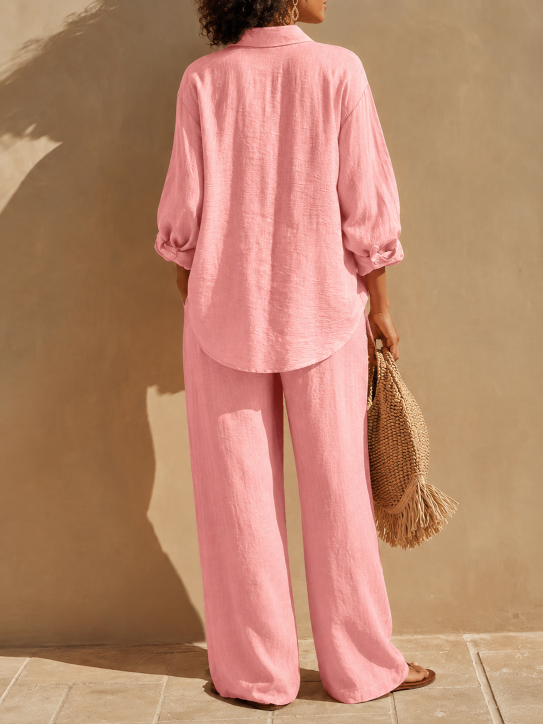 Two-piece Set Featuring A Loose-fit, Long-sleeved Cotton-linen Shirt With A Collar And Dual Patch Pockets, Paired With High-waisted Wide-leg Trousers.