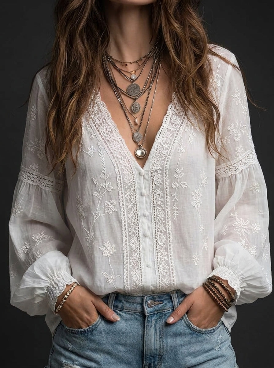 Women's V-Neck Long Sleeve Lace Shirt