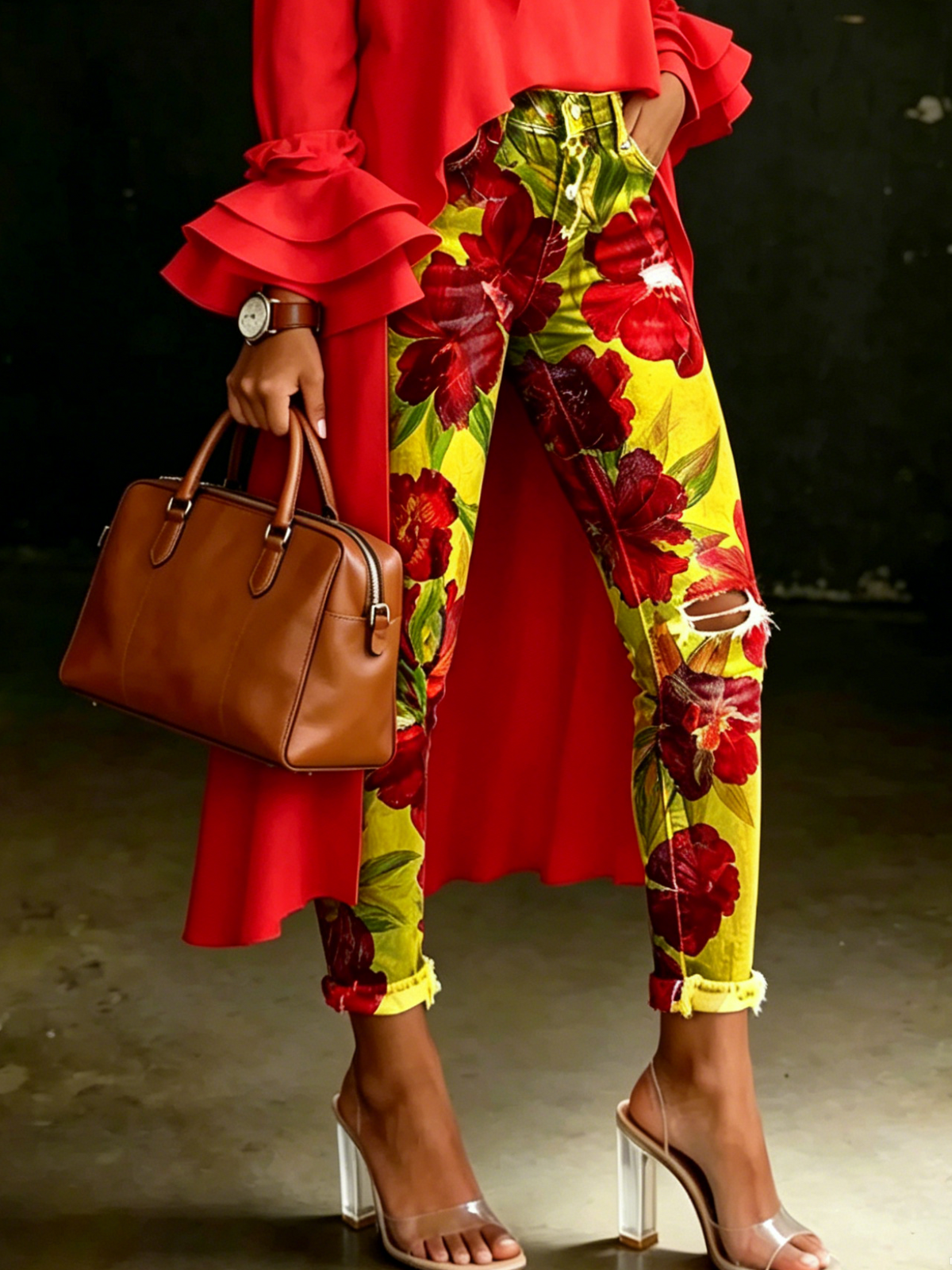Women's Vintage Red Floral Print Casual High-waisted Ripped Skinny Jeans