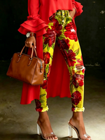 Women's Vintage Red Floral Print Casual High-waisted Ripped Skinny Jeans