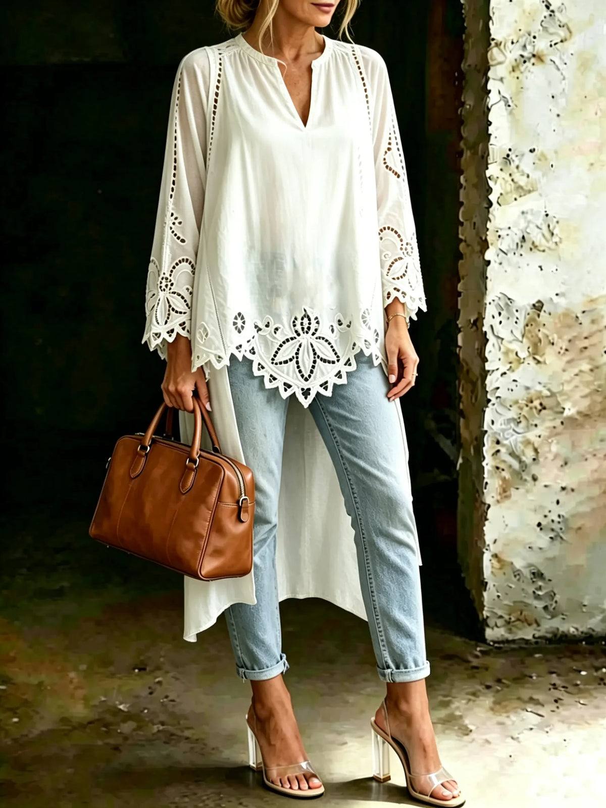 Women's Casual White High Low Blouse Eyelet Embroidered Maxi Shirt Tops