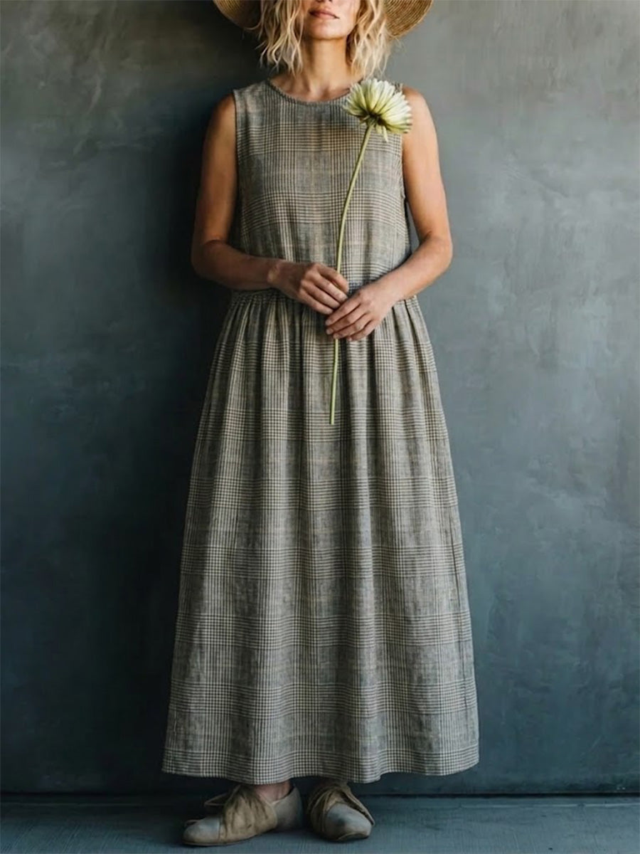 Plaid Crew Neck Sleeveless Linen-cotton Dress