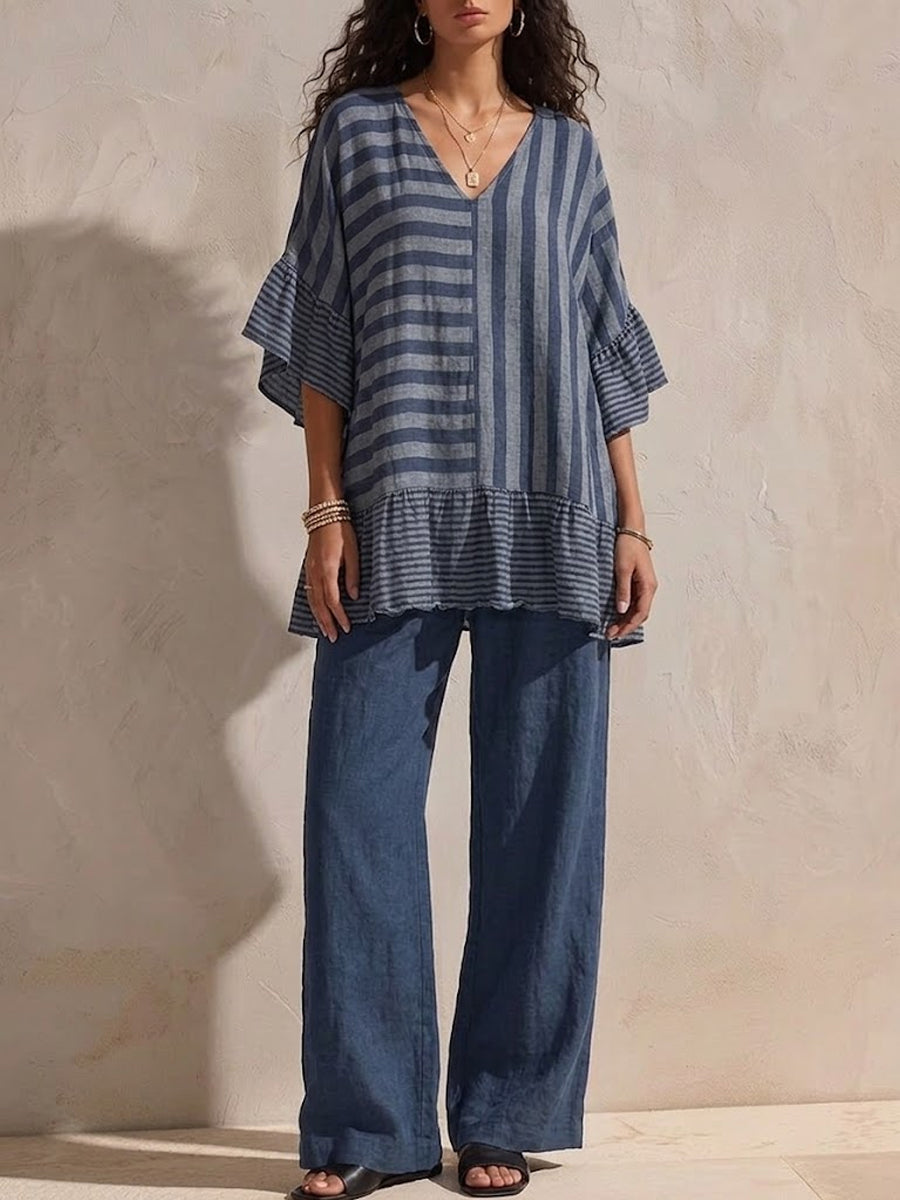 Women's Blue Mood Spliced Striped Cotton-linen Casual Set
