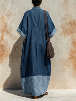 Paneled Denim-blue Cotton-linen Stand-collar Dress