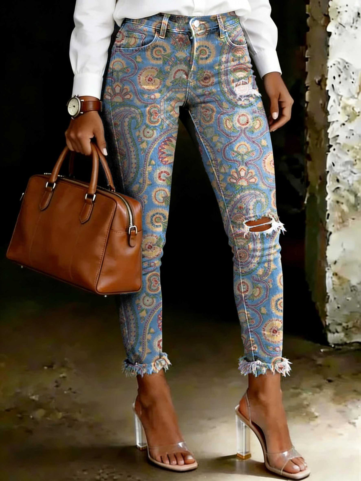 Women's Floral Art Print Art Ripped Skinny Jeans