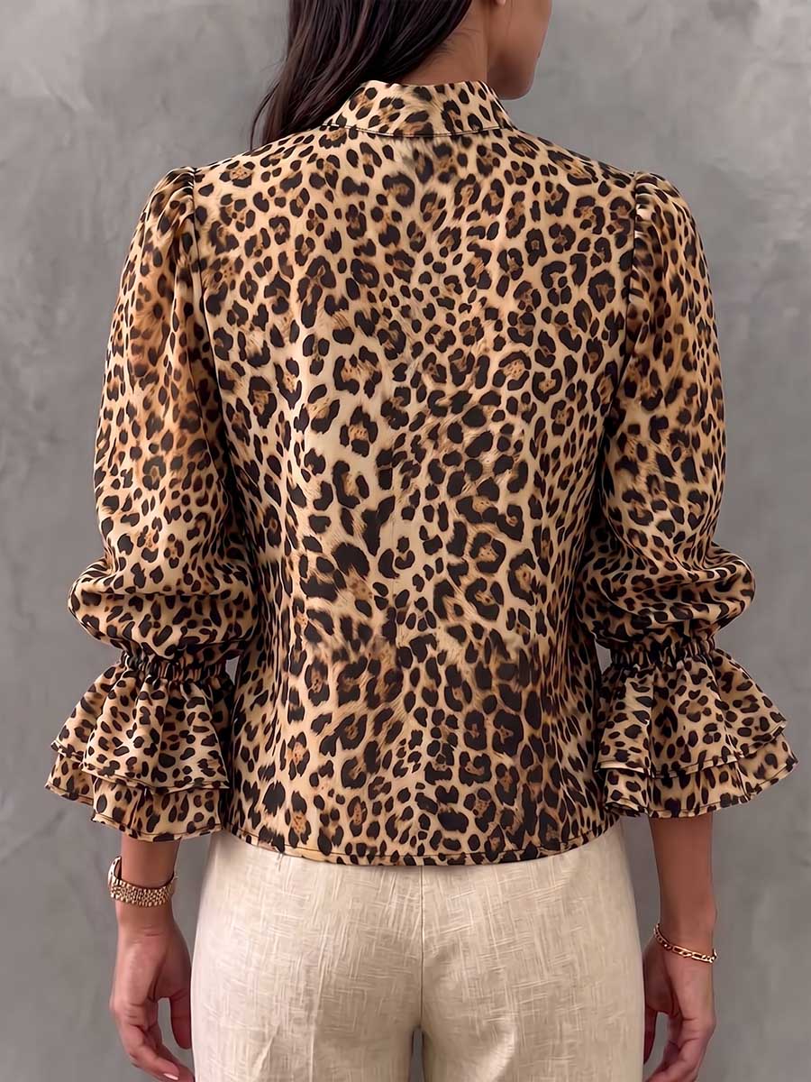 Women's Leopard Print V-neck Long-sleeve Casual Loose Top