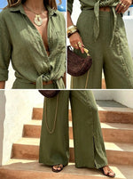 Women‘s Linen-cotton Casual Cardigan With Long Sleeves And Button-fastened Wide-leg Pants Set