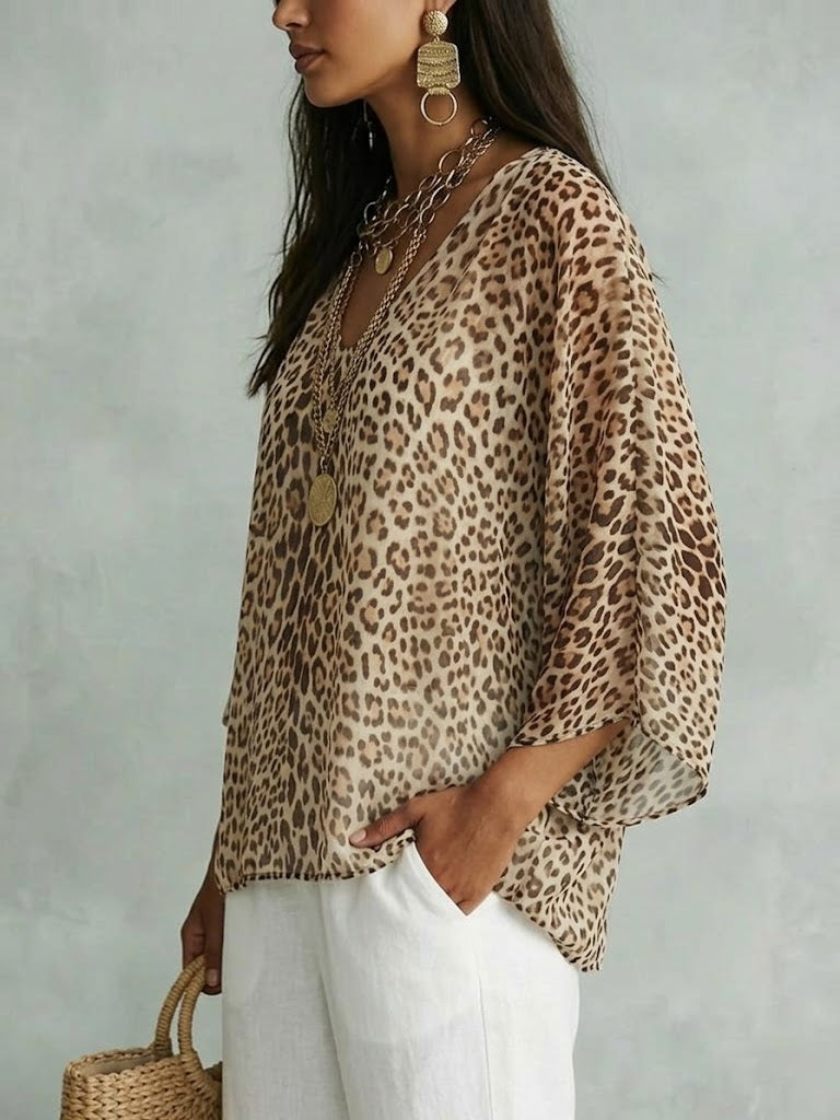 Women’s V-neck Loose Chiffon Leopard Print Top