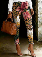 Women's Retro Leopard Print Lily Art Ripped Skinny Jeans