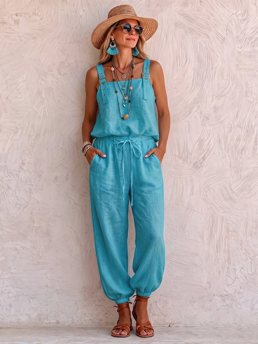 Boho-style Turquoise Shoulder Straps Jumpsuit
