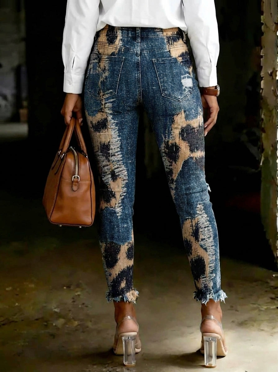 Women's Leopard Print Art Ripped Skinny Jeans