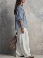 Women's Striped Top And Wide-leg Pants Cotton-linen Set