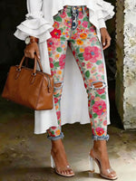 Women's Vintage Floral Art Print Art Ripped Skinny Jeans