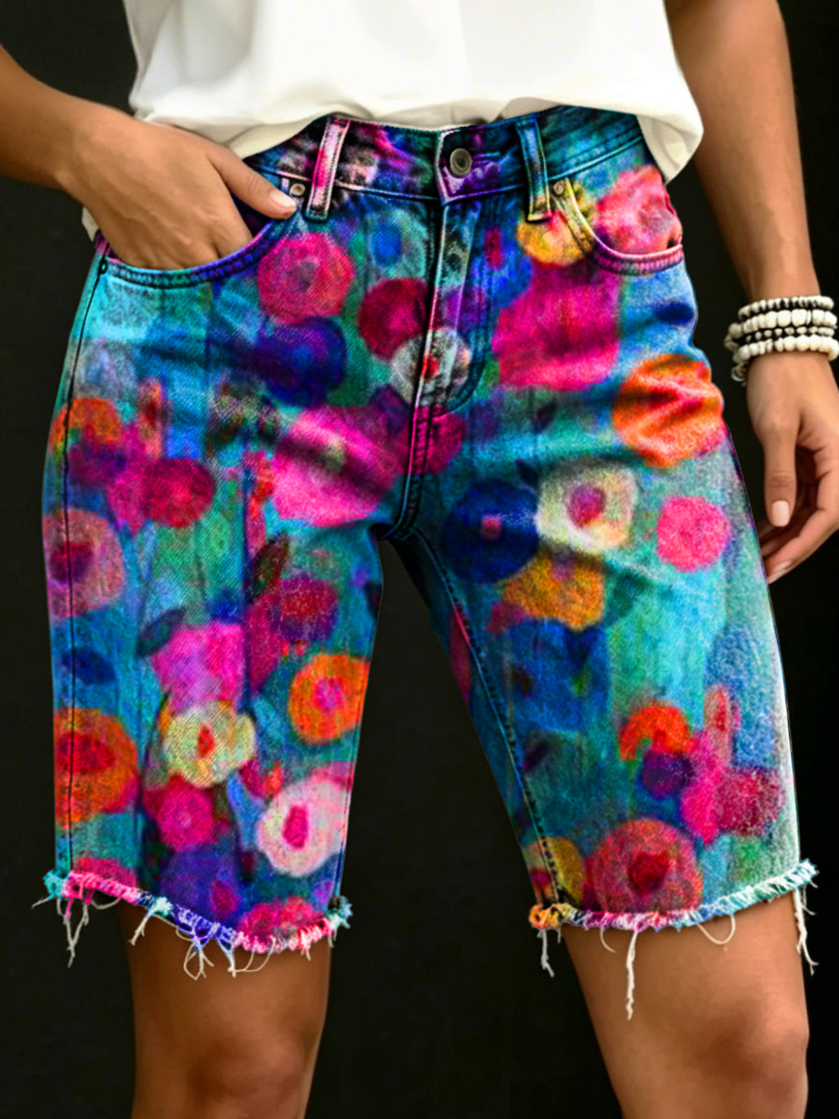 Women's Colorful Floral Art Print Casual Denim Shorts