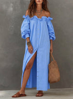 Women’s Elegant Romantic Vocation Off-shoulder Ruffle Button Down Maxi Dress