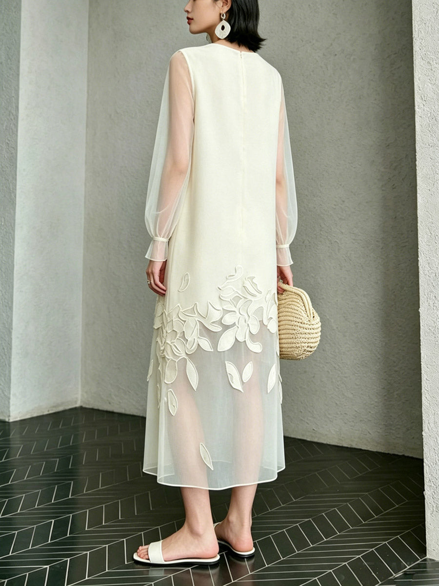 Women's Floral Pattern Art Casual Stylish Patchwork Sheer Long Sleeve Dress