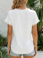 V-neck Fringe Trim Cotton-linen Blend Casual Top