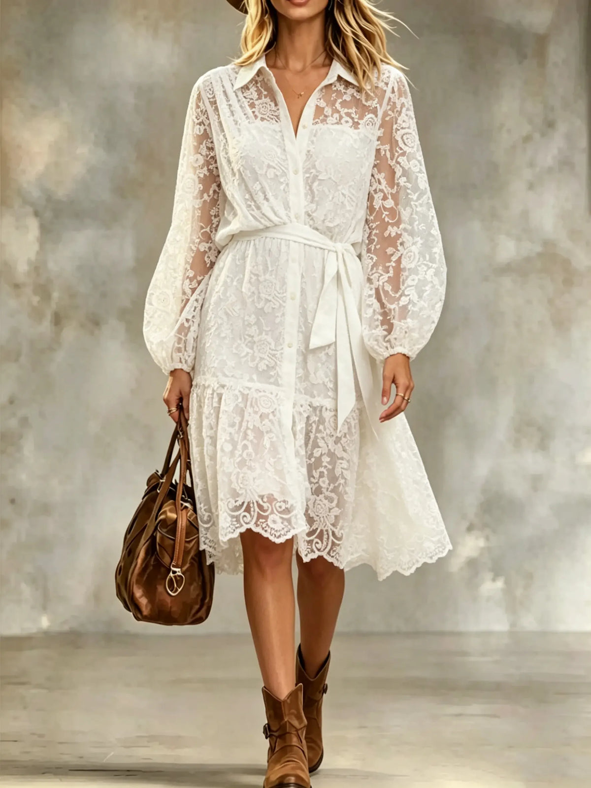 Women's Elegant Floral Lace Shirt Dress With Long Lantern Sleeves And Waist Tie