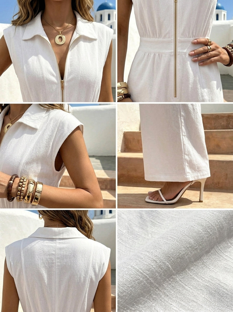 Women’s Sleeveless Collared Pocket Zip Front Casual Jumpsuit