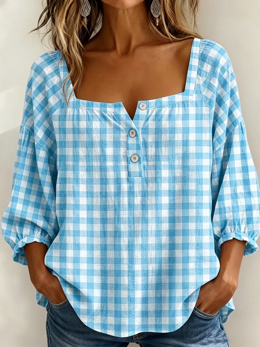 Vintage Square-neck Gingham Cotton-linen Shirt