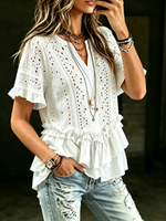 Women‘s White Openwork Ruffled Henley Shirt