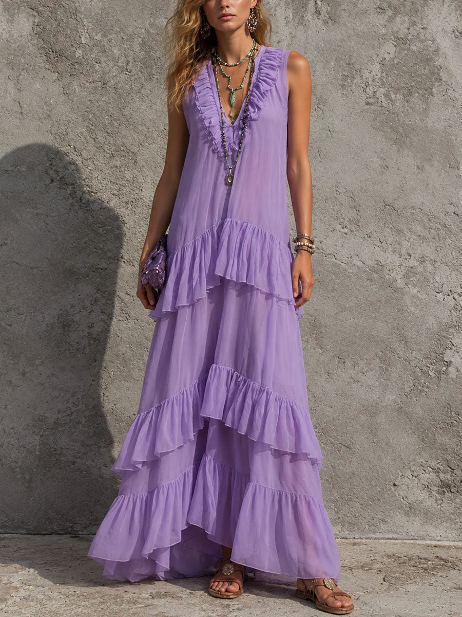 Women's V-neck Sleeveless Ruffle Dress
