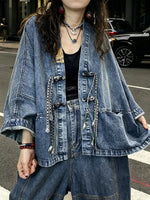 Loose Blue V Neck Button Patchwork Denim Coats Long Sleeve