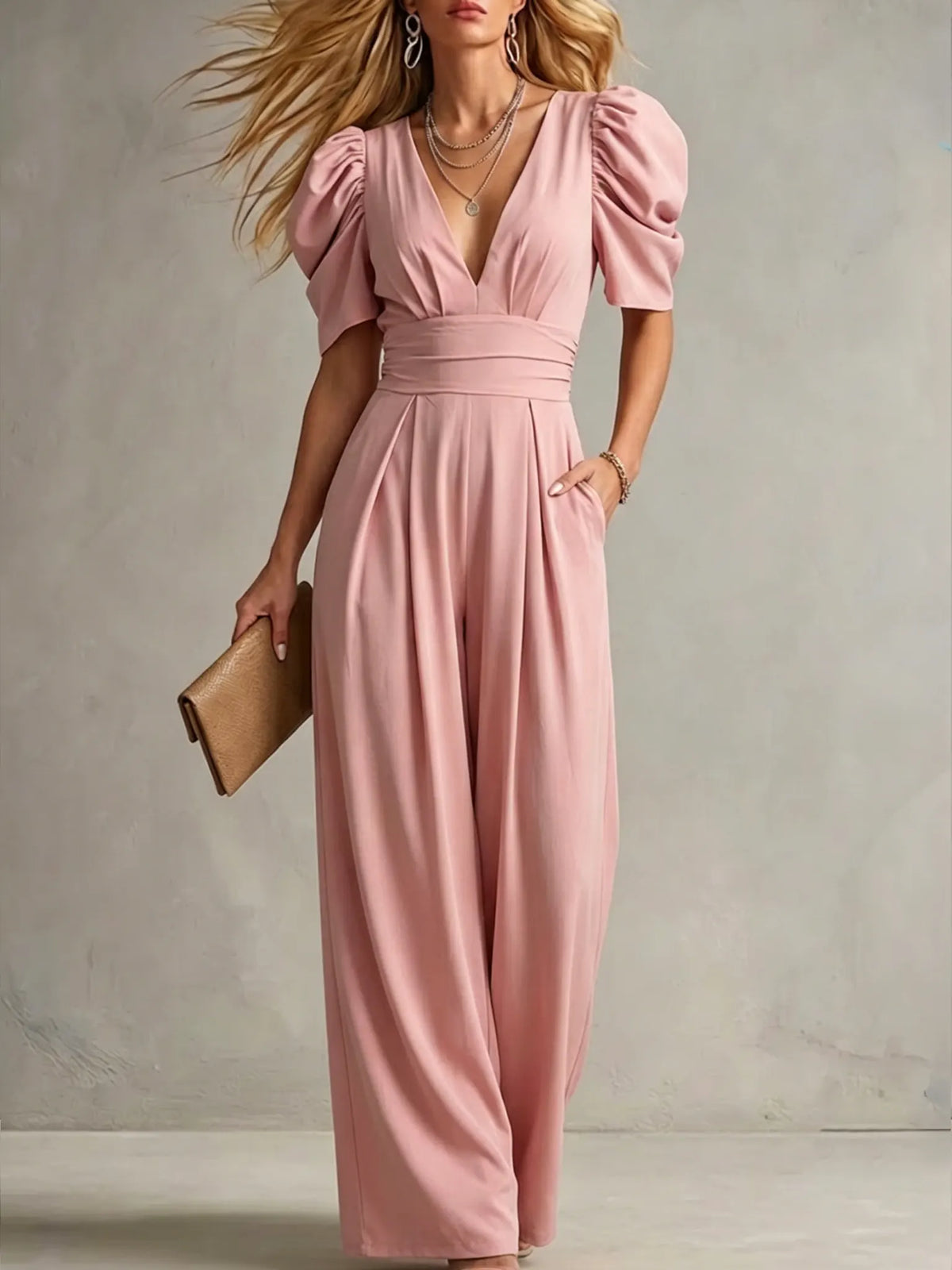 Women's Elegant Solid-color Slim-fit Short-sleeve Wide-leg Jumpsuit