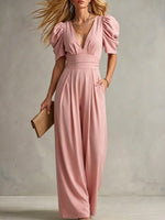 Women's Elegant Solid-color Slim-fit Short-sleeve Wide-leg Jumpsuit