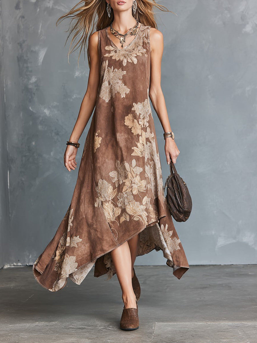 Vintage-style Bohemian Floral Print Sleeveless Linen-cotton Dress