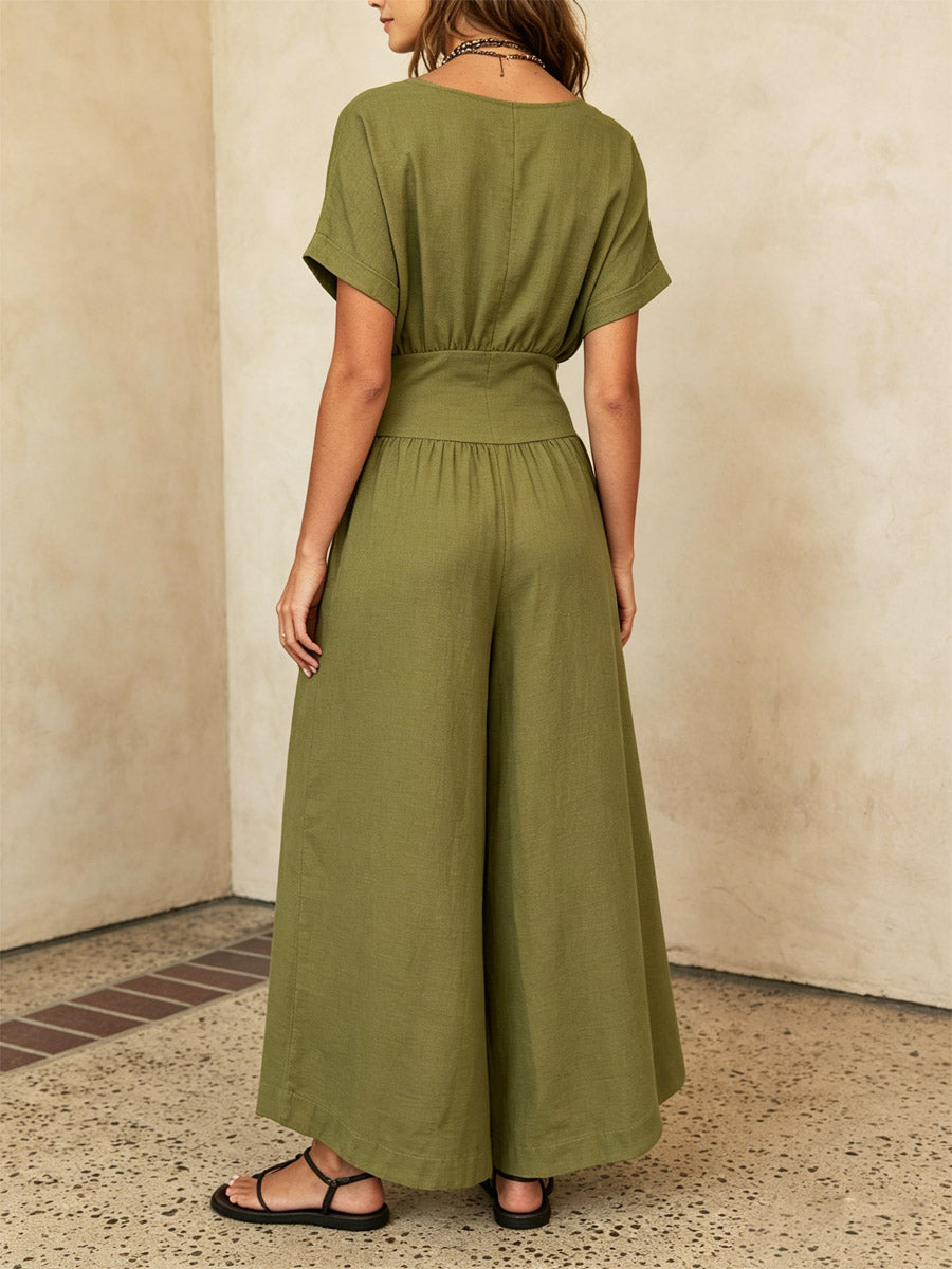 Women's Art Casual Stylish Elegant Short Sleeve Cotton Linen Jumpsuit