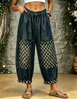 Women's Distressed Denim Jeans With Checkerboard Patchwork