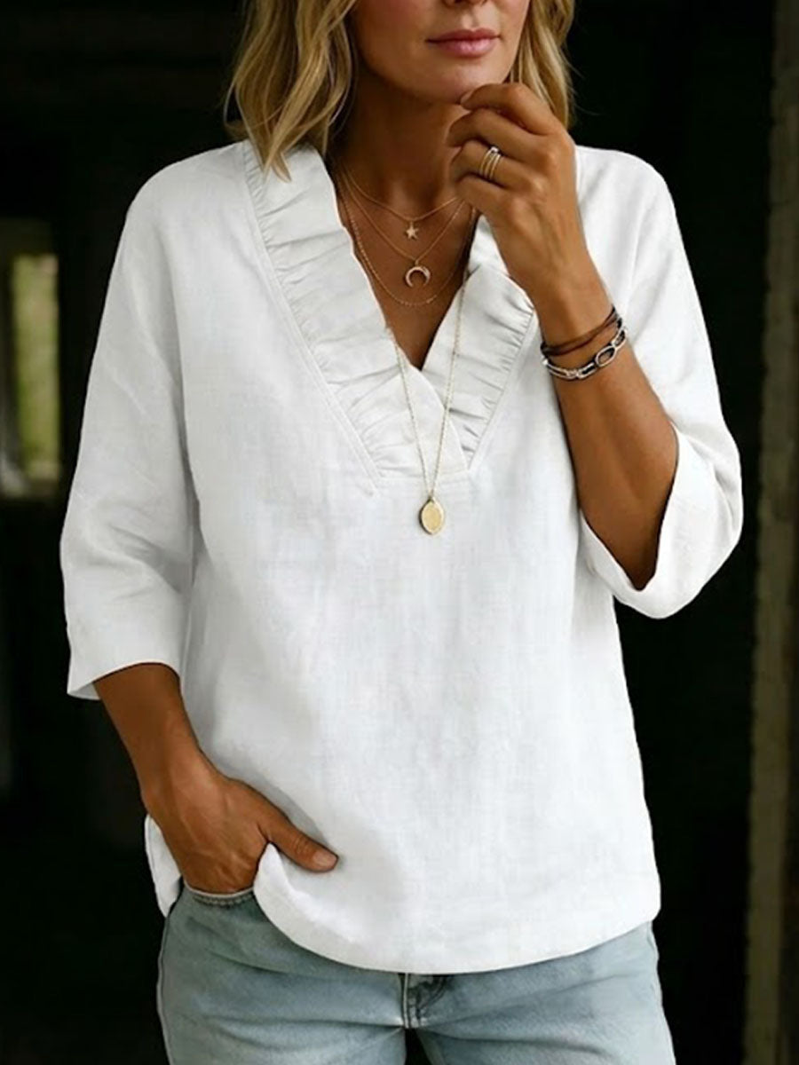 Women's Vintage Ruffled Cotton-linen Shirt