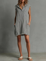 Women's Striped Sleeveless Casual Hooded Dress With Raw Edges