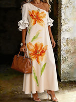 Women’s Off-shoulder Floral-print Ruffled Short Sleeves Midi Dress