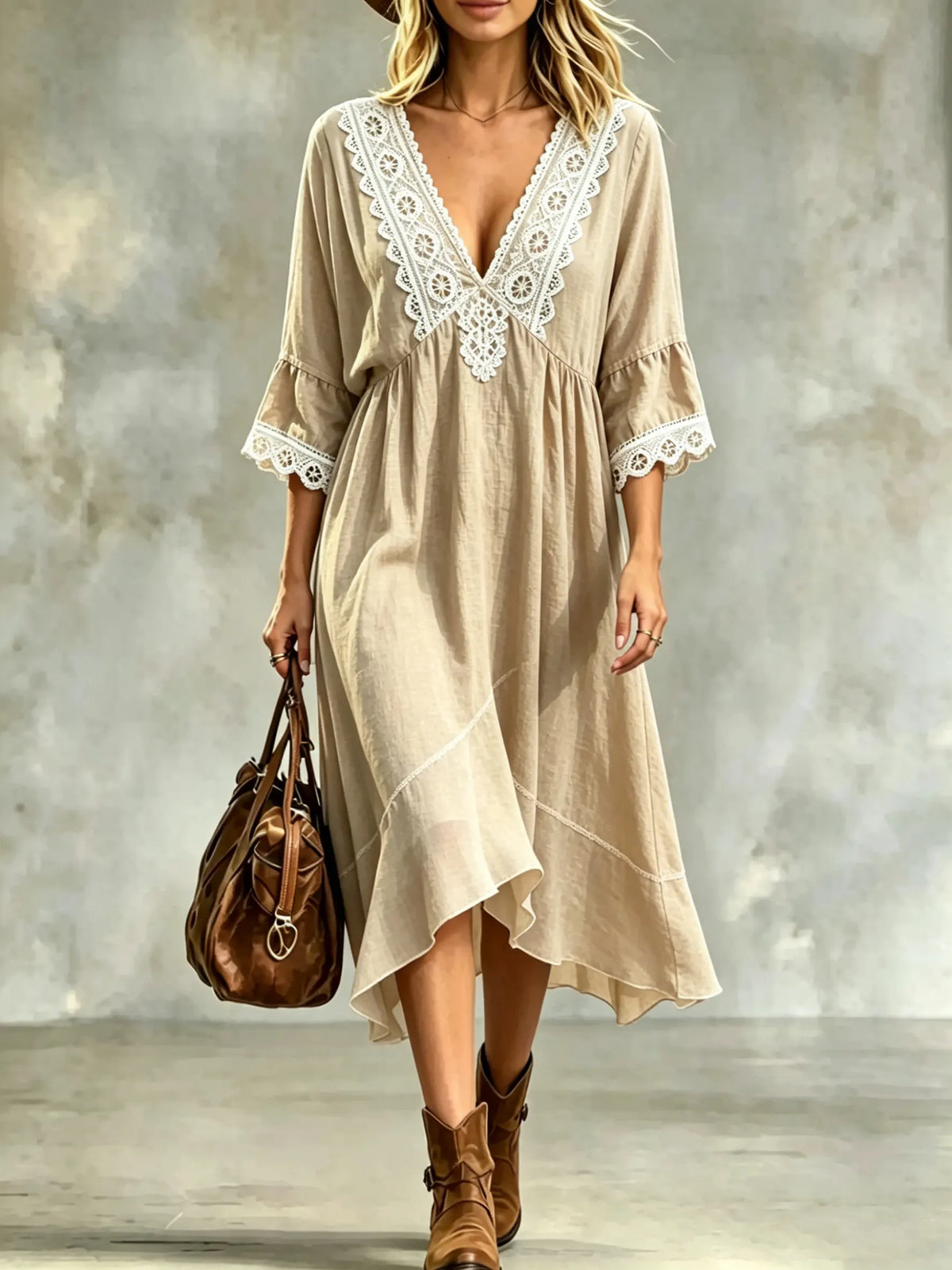 Women's Lace Trim V Neck 3/4 Flare Sleeve Tunic Dress