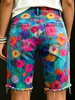 Women's Colorful Floral Art Print Casual Denim Shorts