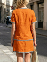 Women's Color Block Art Stylish Casual Short Sleeve Top And Skirt Breathable Cotton Linen Two-piece Set