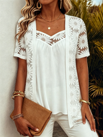 Faux-layered Top Featuring Patterned Lace, Mesh, And Cut-out Detailing.