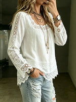 Women's Casual White Lace Panel Blouse Square Neck Long Sleeve Linen Shirt Tops