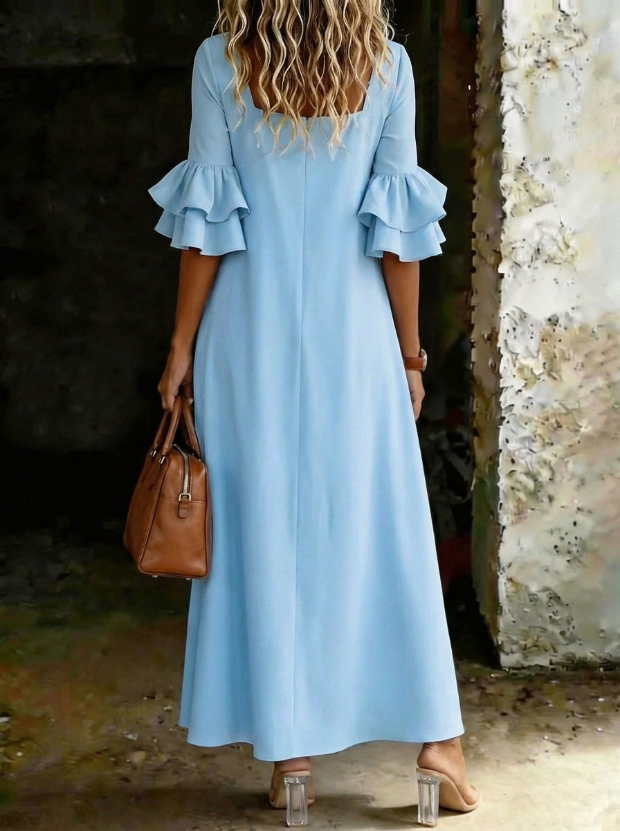 Women's Elegant Square Neckline Ruffle Sleeve Flowy Maxi Dress