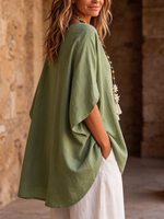Relaxed Flattering Cotton-linen Batwing-sleeve Top