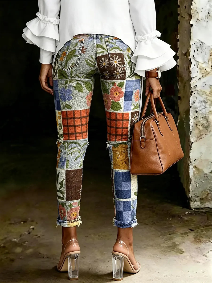 Women's Fashion Casual Multicolor Flowers Art Print Ripped Skinny Jeans