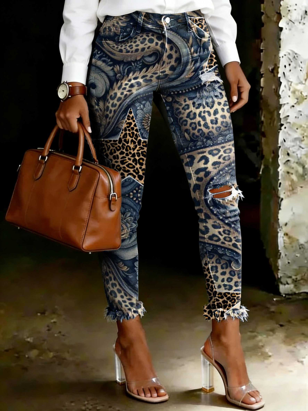 Women's Leopard Print Art Ripped Skinny Jeans
