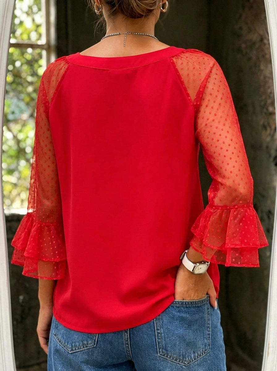 Women's Causal Polka Dot Long Sleevesv-neck Top