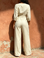 Women's Cotton Linen Jumpsuit Elegant V Neck Front Romper Casual Tie Waist Long Pants Boho Wide Leg One Piece Outfits